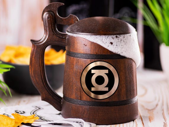 Green Lantern Beer Mug With Lid, Personalized DC Comics Stein, Bachelor Party Set, Wooden Gift For Men, Beer Tankard, Gift For Daddy