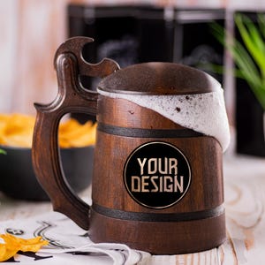 Custom Design Beer Mug With Lid | Wooden Mug with Personalization