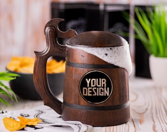 Custom Design Beer Mug With Lid | Wooden Mug with Personalization