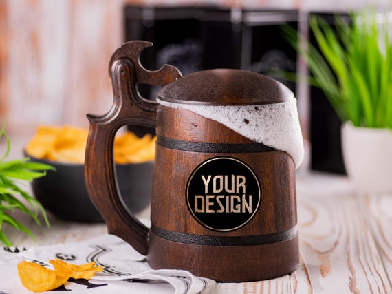 Custom Design Beer Mug With Lid | Wooden Mug with Personalization