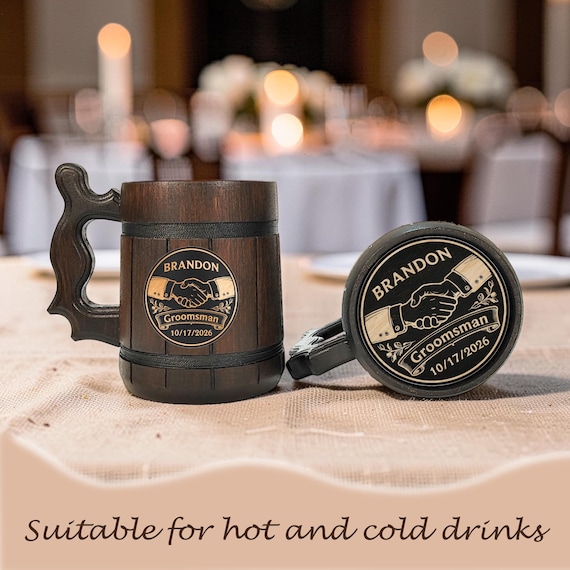 Handmade Oak Beer Mug with Name Engraving, Groom & Groomsmen Gift, Wedding Keepsake