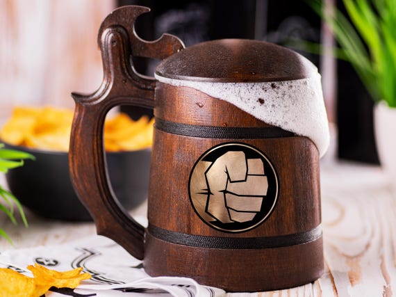 Hulk Beer Mug With Lid, Personalized The Avengers Comics Beer Stein, Marvel Cinematic Universe, Bachelor Party Set, Wooden Gift For Men