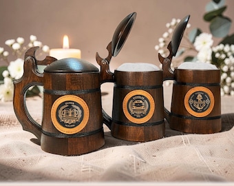 Personalized Wooden Beer Mug with Lid, Handmade Oak Tankard, Groomsmen Proposal Gift