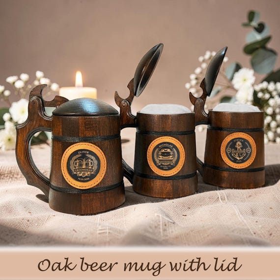 Personalized Wooden Beer Mug with Lid, Handmade Oak Tankard, Groomsmen Proposal Gift