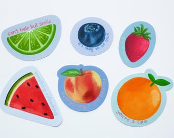 Fruit Sticker Pack/ 6 Waterproof Designs/ Colorful Hand drawn with text