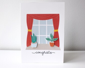 Glückwunschkarte zum Umzug / neues Zuhause / Fenster Pflanze Aquarell Illustration / innen leer / mit Umschlag