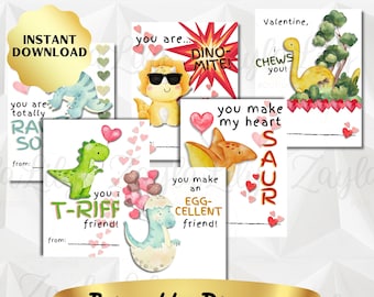 Printable Dinosaur Valentine's Day Cards - Kids Classroom Valentines (Digital Download)