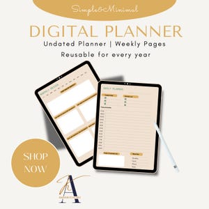 Könnte beinhalten: Ein digitaler Planer mit beigefarbenem Hintergrund und grünen Akzenten. Der Planer enthält einen Abschnitt für die monatliche Überprüfung, einen Tagesplaner und einen Wochenplaner. Der Text "Simple & Minimal" befindet sich oben im Bild. Der Text "DIGITAL PLANNER" befindet sich unter dem ersten Text. Der Text "Undated Planner | Weekly Pages" befindet sich unter dem zweiten Text. Der Text "Reusable for every year" befindet sich unter dem dritten Text. Der Text "MONTHLY REVIEW" befindet sich oben auf der linken Seite. Der Text "DAILY PLANNER" befindet sich oben auf der rechten Seite. Der Text "SHOP NOW" befindet sich in einem grünen Feld unten links im Bild. Der Text "KHADIGITALART" befindet sich unten im Bild.