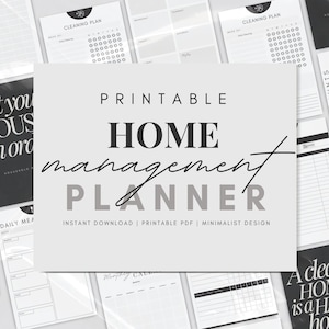 Puede incluir: Planificador de gestión del hogar imprimible con un diseño minimalista en blanco y negro. El planificador incluye secciones para comidas diarias, planes de limpieza, calendario mensual y cuentas bancarias. El texto "Planificador de gestión del hogar imprimible" está en negrita negra.
