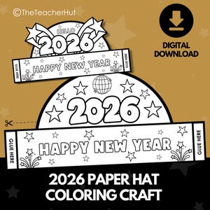 Puede incluir: Una manualidad de sombrero de papel en blanco y negro para el Año Nuevo 2026, con el texto "Happy New Year" y "2026". El diseño incluye estrellas, fuegos artificiales y un globo terráqueo. El sombrero es una descarga digital.