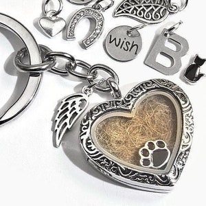 Llavero con forma de corazón, recuerdo de pelo de mascota, medallón para mascota, rellenable con letra, recuerdo, regalo conmemorativo, regalo de duelo, mascota fallecida