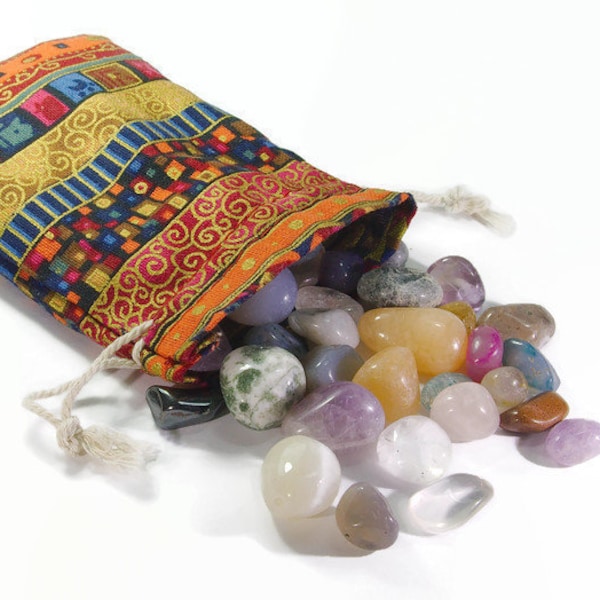 Drum stenen, stenen in een kleurrijke doek zak, souvenirs voor kinderen, schatkisten vullen, edelstenen, stenen te verzamelen, helende stenen, decoratie