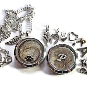 Könnte beinhalten: Zwei silberne Halsketten mit Anhänger, in denen sich eine Pfote und der Buchstabe "P" befinden. Die Anhänger sind von verschiedenen Charms umgeben, darunter Flügel, ein Hufeisen, ein Herz und ein Unendlichkeitszeichen.