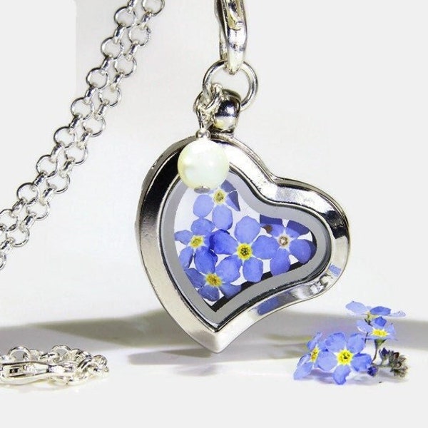 Echte Vergissmeinnicht Herz Medaillon Kette echte Blüten Blütenschmuck blau Initiale Buchstabe getrockneten Blüten Abschied Geschenk Blumen