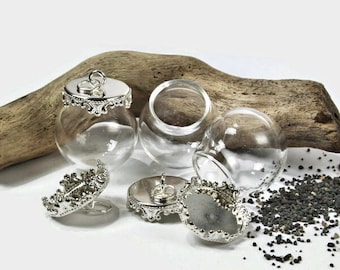 3 round hollow glass beads 20 mm x 15 mm hand-blown transparent transparent with silver-plated cap
