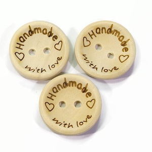 25 wooden buttons 20 mm, Handmade with Love, wooden buttons with letters, wooden buttons natural beige light beige, label buttons wood, button round 2 holes