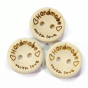 30 wooden buttons 15 mm, Handmade with Love, wooden buttons with letters, wooden buttons natural beige light beige, label buttons wood, button round 2 holes