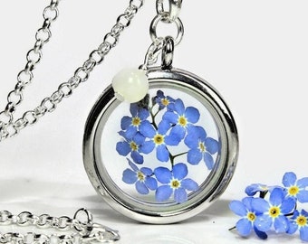 Echte Vergissmeinnicht Kette Medaillon viele Motive echte getrocknete Blüten Schmuck blau Medaillonkette Abschied Geschenk Blumenhalskette