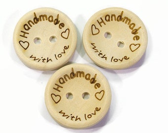 25 wooden buttons 20 mm, Handmade with Love, wooden buttons with letters, wooden buttons natural beige light beige, label buttons wood, button round 2 holes