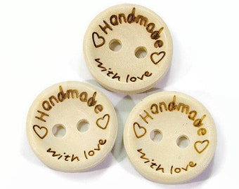 30 wooden buttons 15 mm, Handmade with Love, wooden buttons with letters, wooden buttons natural beige light beige, label buttons wood, button round 2 holes