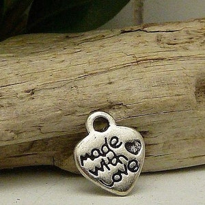100 Pendants Heart Made with love 12 mm x 10 mm