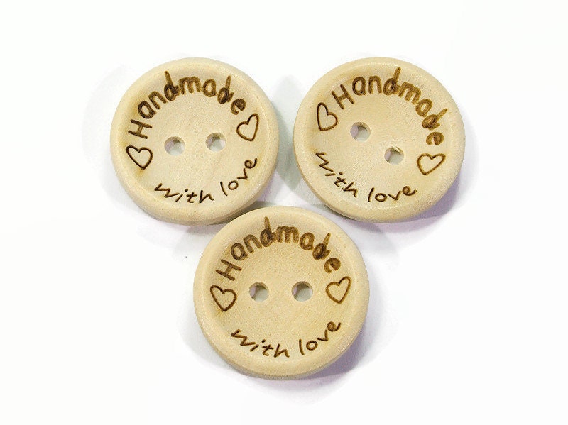 25 Wooden Buttons 20 Mm, Handmade With Love, Wooden Knobs With Letters,  Wooden Buttons Natural Beige Light Beige, Label Buttons Wood, Button Round  2 Holes 