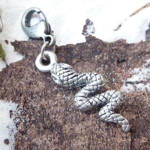 May include: A silver charm in the shape of a snake with a textured surface. The charm has a lobster clasp attached to it.