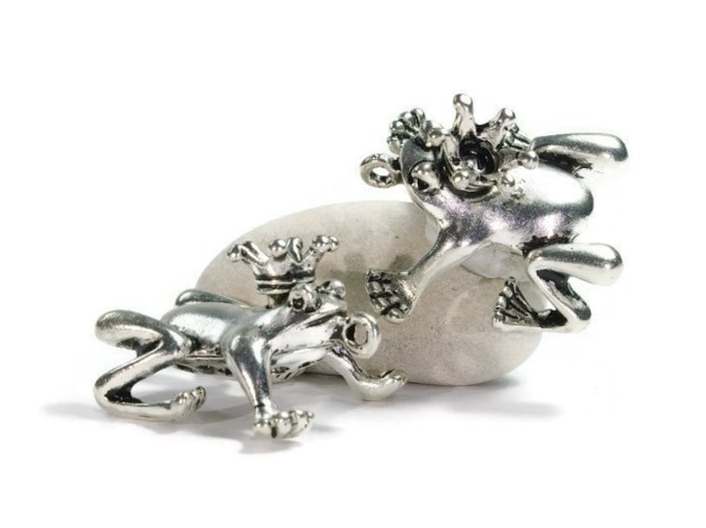 May include: Two silver frog charms with crowns on their heads. The frogs are in different poses, one is sitting up and the other is lying down.