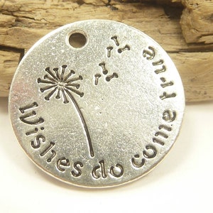 10 pendants 20 mm stainless steel tags round engraved dandelion wish wishes do come true saying sayings DIY jewelry making tag label