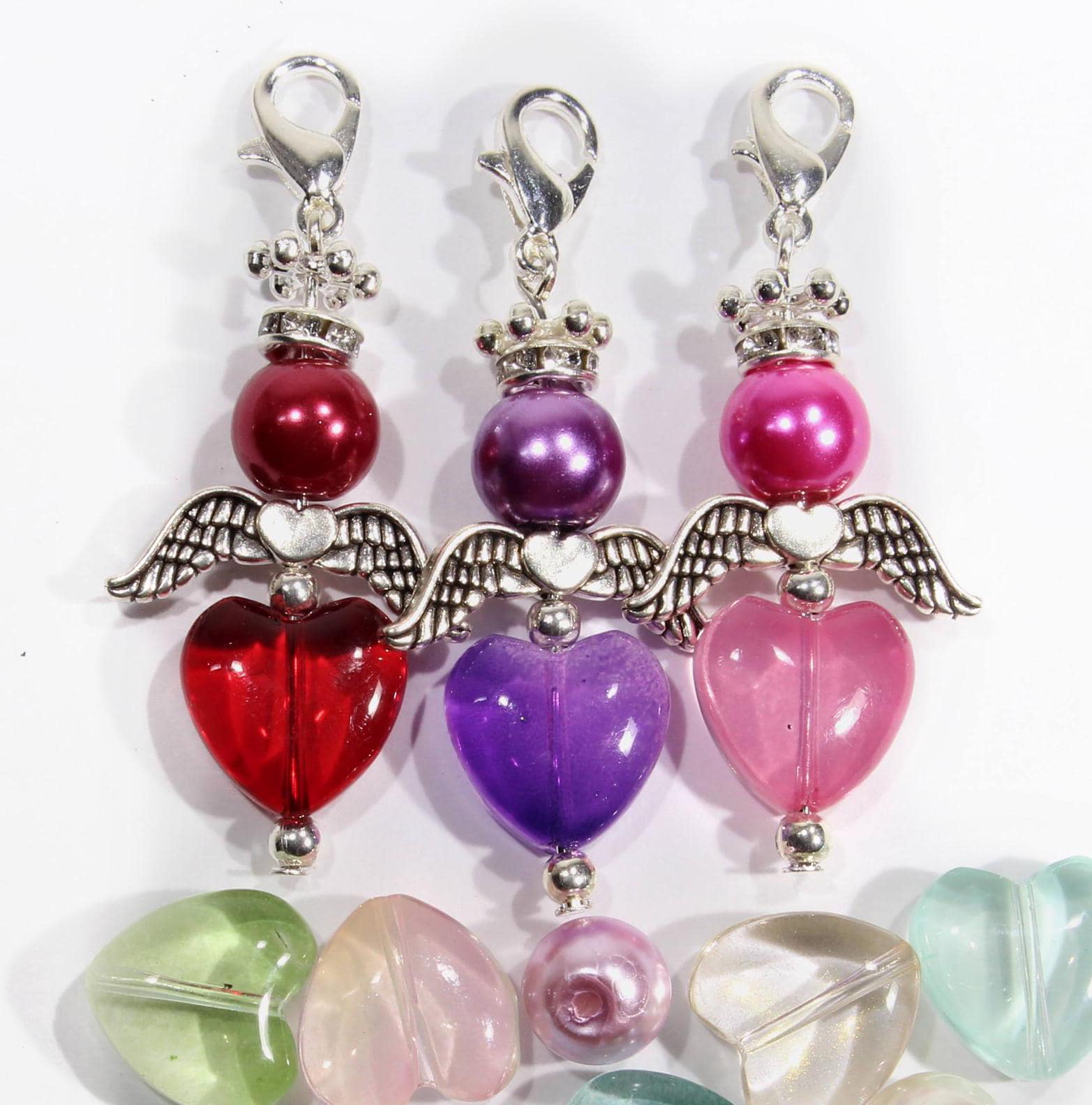 10 Ange Gardien Porte-Bonheur Lucky Angel Craft Set Ange Pendentif Coeur Ange Perle Ange avec Coeurs Sac Pendentif Sac Dangle DIY Mix