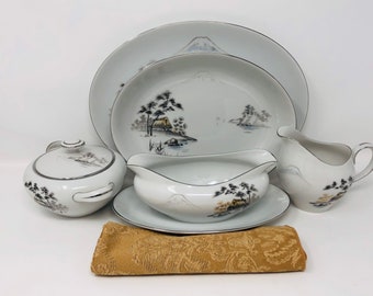 Fuji Pattern 2215 White and Gray 15 inch Oval Serving Platter Collectible China Turkey Platter On Sale Rare Large Sone China Mt
