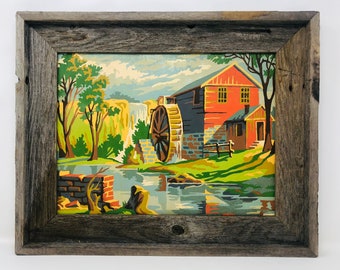 Waterfall Mill Scene Paint by Number 1950s, Reclaimed Barn Wood Frame