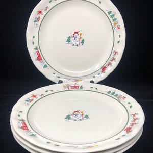 Pfaltzgraff Snow Village Dinner Plates: 1990s Christmas Dinnerware, Set of 4