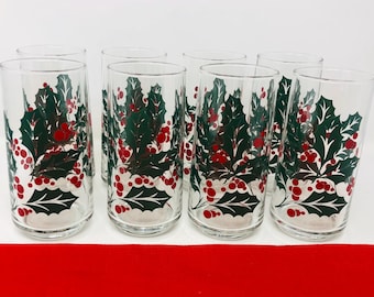 Holly Tumblers Indiana Glass Set of 8 1970s Holly by Indiana Glass Christmas Glasses Christmas Barware