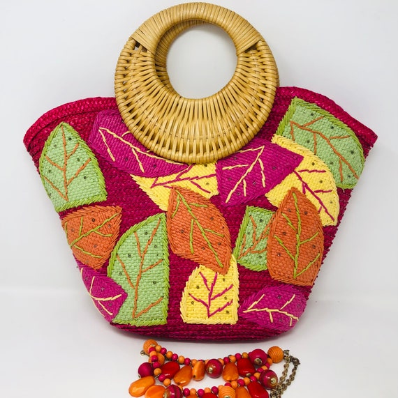 Donna Dixon Straw Tote Bag: Mod Leaf Design, Rasp… - image 2