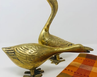 Brass Geese Pair Solid Brass Geese Set of 2 Tabletop Decor Coffee Table Decorations Two Solid Brass 1950s 1960s Brass Geese Pair