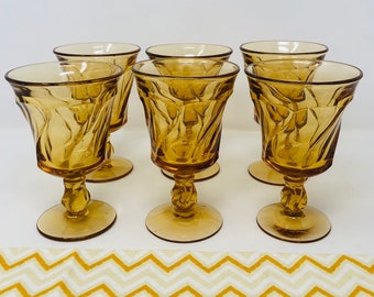 Fostoria Jamestown Amber Water Goblets Set of 6 1960s 1970s Jamestown Amber Water Goblets Amber Pressed Glass Goblets Fostoria Amber Goblets