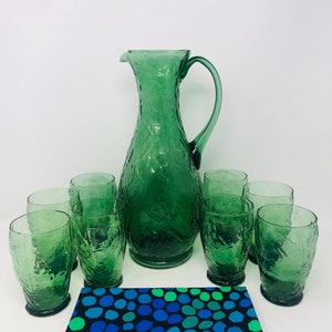 Mod Crinkle Barware Green Glass Green Pitcher and 8 Cocktail Tumblers Empoli Florentine Italy Green Pitcher Tumblers 60s 70s Crinkle Glass