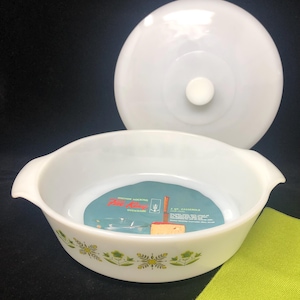 Meadow Green Fire King Casserole Dish: 1970s Milk Glass Bakeware
