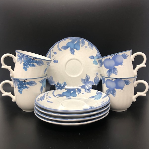 Majestic Grove Mikasa Country Classics 4 CUPS 5 SAUCERS Country French Blue Fruit Dinnerware Mikasa 1990s Mikasa Majestic Grove Dinnerware