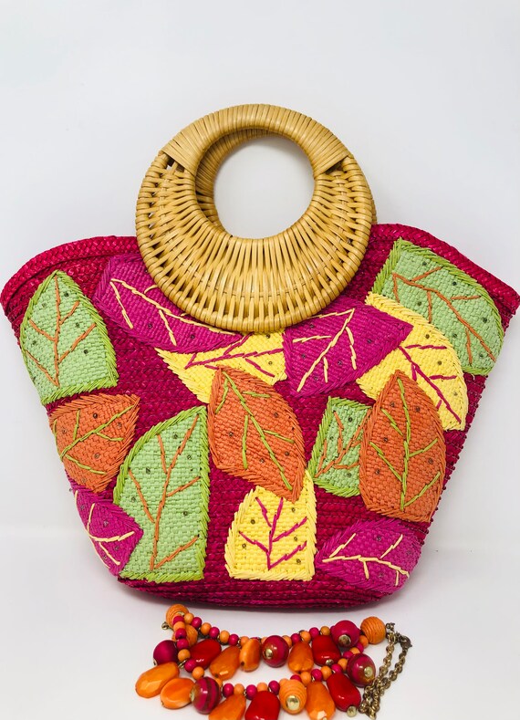 Donna Dixon Straw Tote Bag: Mod Leaf Design, Rasp… - image 3