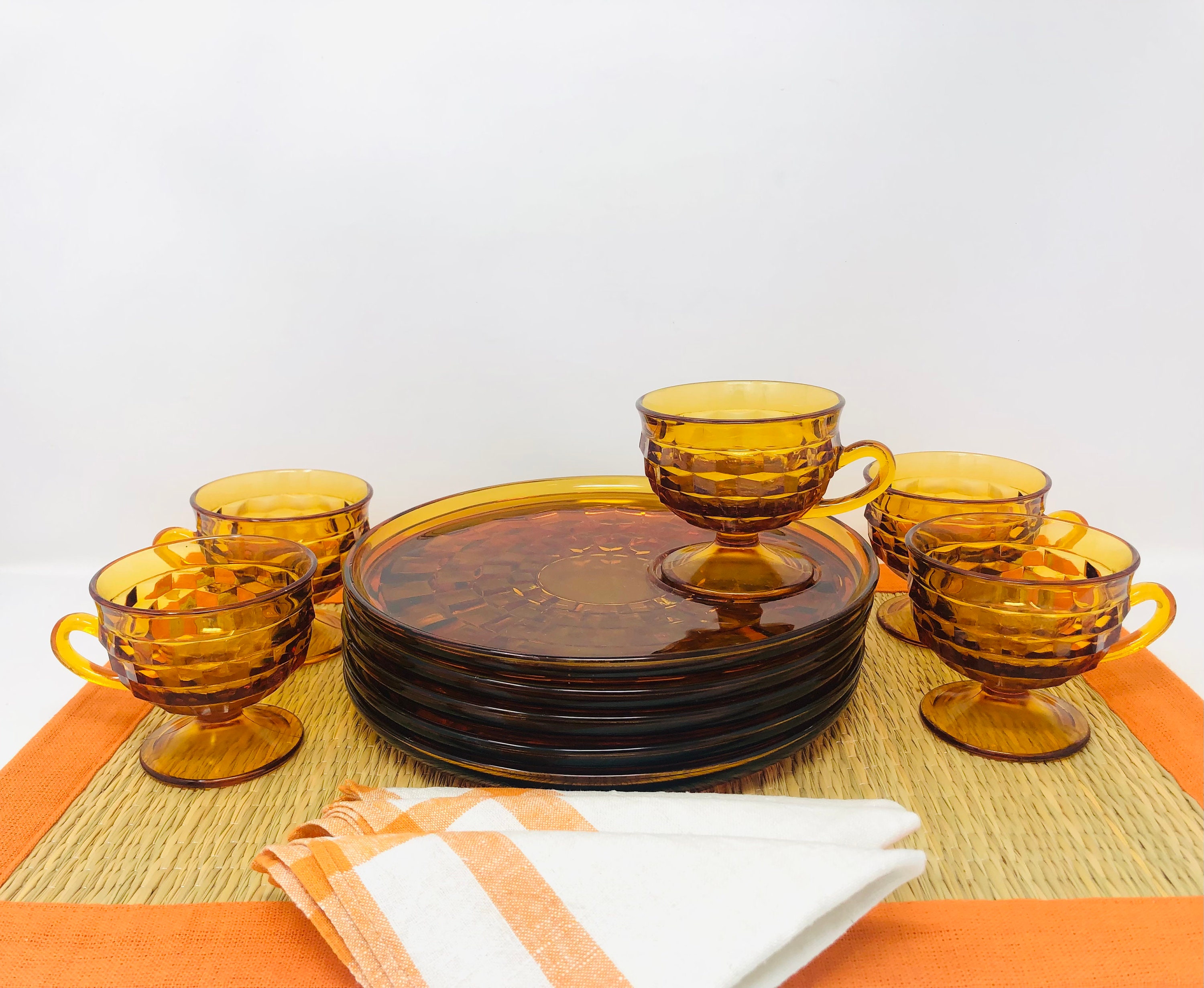 Vintage Amber glass Sandwich Plate & Cup Set Kitchen Home Decor