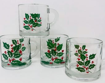 Vintage Indiana Glass Holly Mugs - 1970s Christmas Set of 4