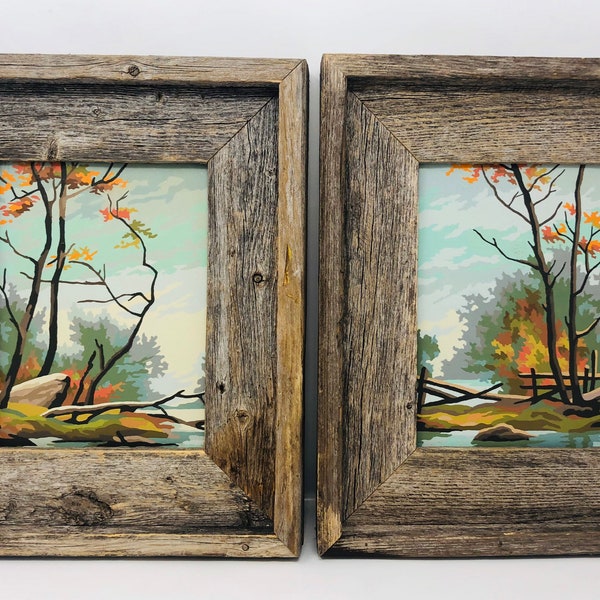 Paint by Number Fall Leaves Autumn Scenes, Set of 2, Reclaimed Barn Wood Frames and Vintage 1950s Paint by Number Autumn Scenes Pair