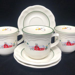 Pfaltzgraff Snow Village Cups and Saucers: 1990s Christmas Dinnerware (3 Sets)