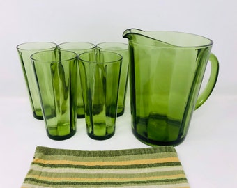 Avocado Green Pitcher and 5 Tumblers Mid Mod Avocado Green Pitcher Tumblers Hazel Atlas Avocado Green Pitcher Highball Glass Set 60s 70s