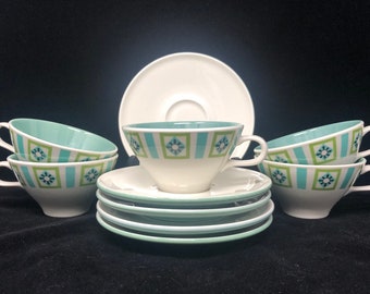 Iroquois Bombay Green Cups and Saucers, Ben Seibel Design, Mid-Century Dinnerware, Set of 5