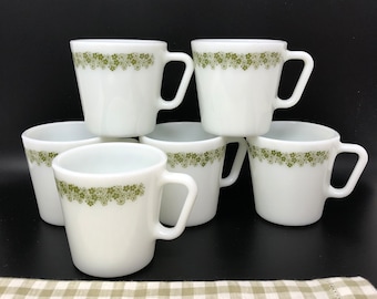 Pyrex Spring Blossom Mugs Set of 6 Avocado Green White Flowers Pyrex D-Handle Mugs 1970s Avocado Green Floral Coffee Mugs 1970s Pyrex