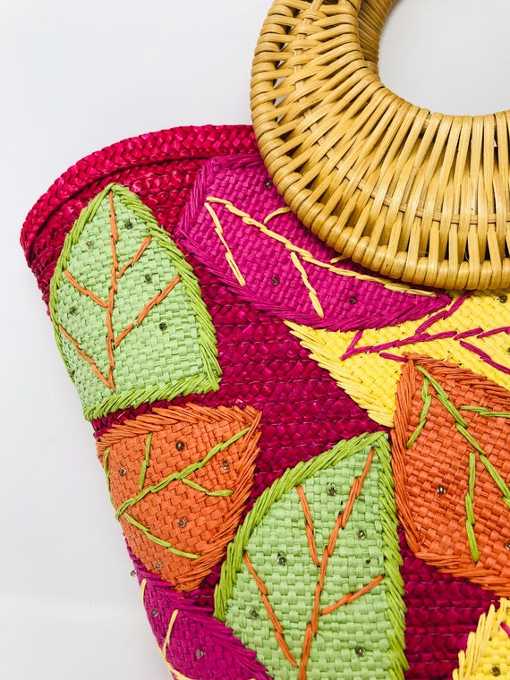 Donna Dixon Straw Tote Bag: Mod Leaf Design, Rasp… - image 4