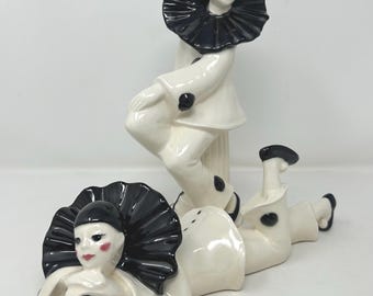 Vintage Harlequin Figurines Ceramic Black White Harlequin Statuettes 1970s